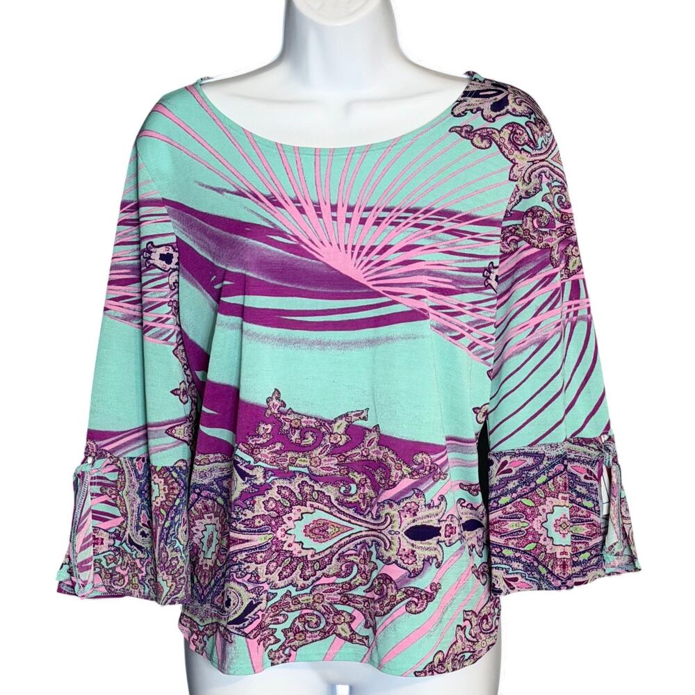 Clara Sun Woo Seafoam Purple Abstract Print Tunic Top Sz M Boat Neck Bell Sleeve